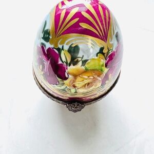 Limoges Hand-Painted Floral Egg Trinket Box in Fuchsia and Gold